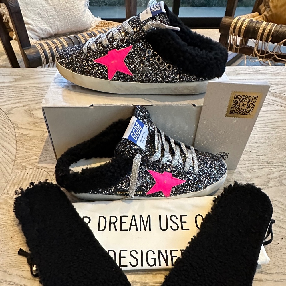 Brand  New Authentic GOLDEN GOOSE Superstar Black Glitter Sabot Sneakers Sz38